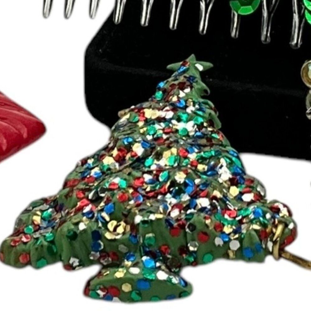 Vintage 50s Miraculous Medal Green Glitter Chistmas Tree Brooch 2.25in by 2in